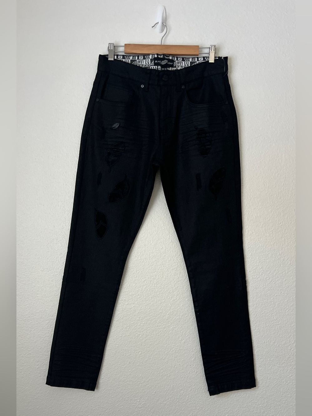 Blac Leaf Men Slim Straight Black Jeans 34x32 Moto Distressed Embroidered Denim